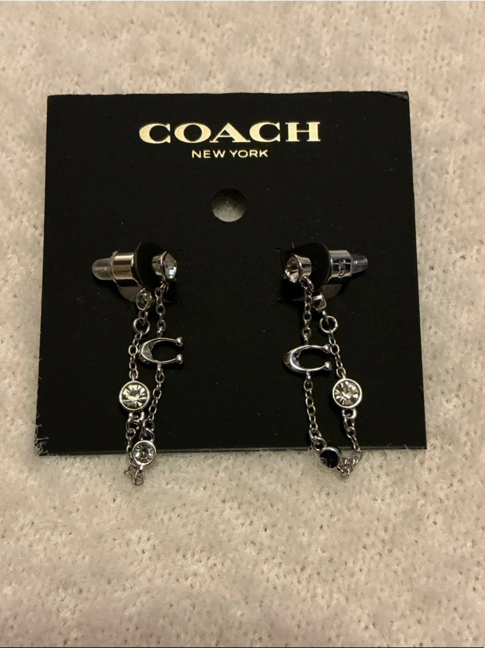 Coach Silver-Tone Dangling Chain Earrings with Clear Crystals - Picture 1 of 3